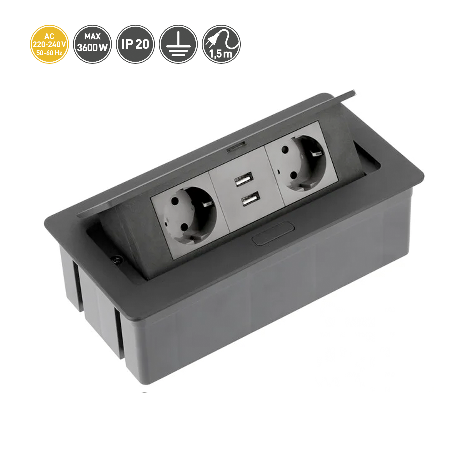 Tischsteckdose Bodensteckdose Küchensteckdose Büro 2-fach 2 USB Aluminium silber schwarz
