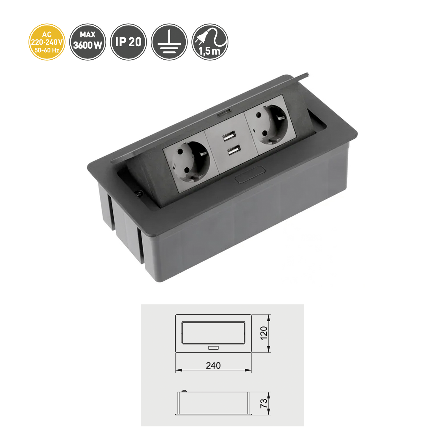 Tischsteckdose Bodensteckdose Küchensteckdose Büro 2-fach 2 USB Aluminium silber schwarz