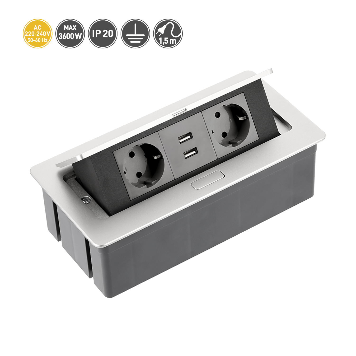 Tischsteckdose Bodensteckdose Küchensteckdose Büro 2-fach 2 USB Aluminium silber schwarz