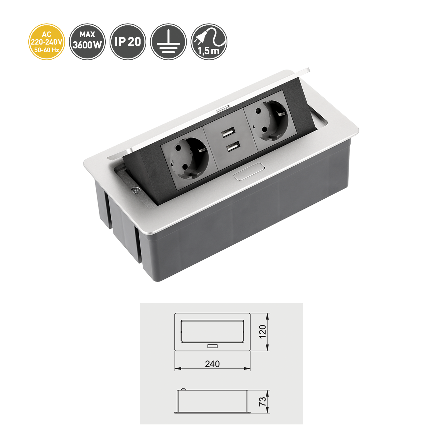 Tischsteckdose Bodensteckdose Küchensteckdose Büro 2-fach 2 USB Aluminium silber schwarz