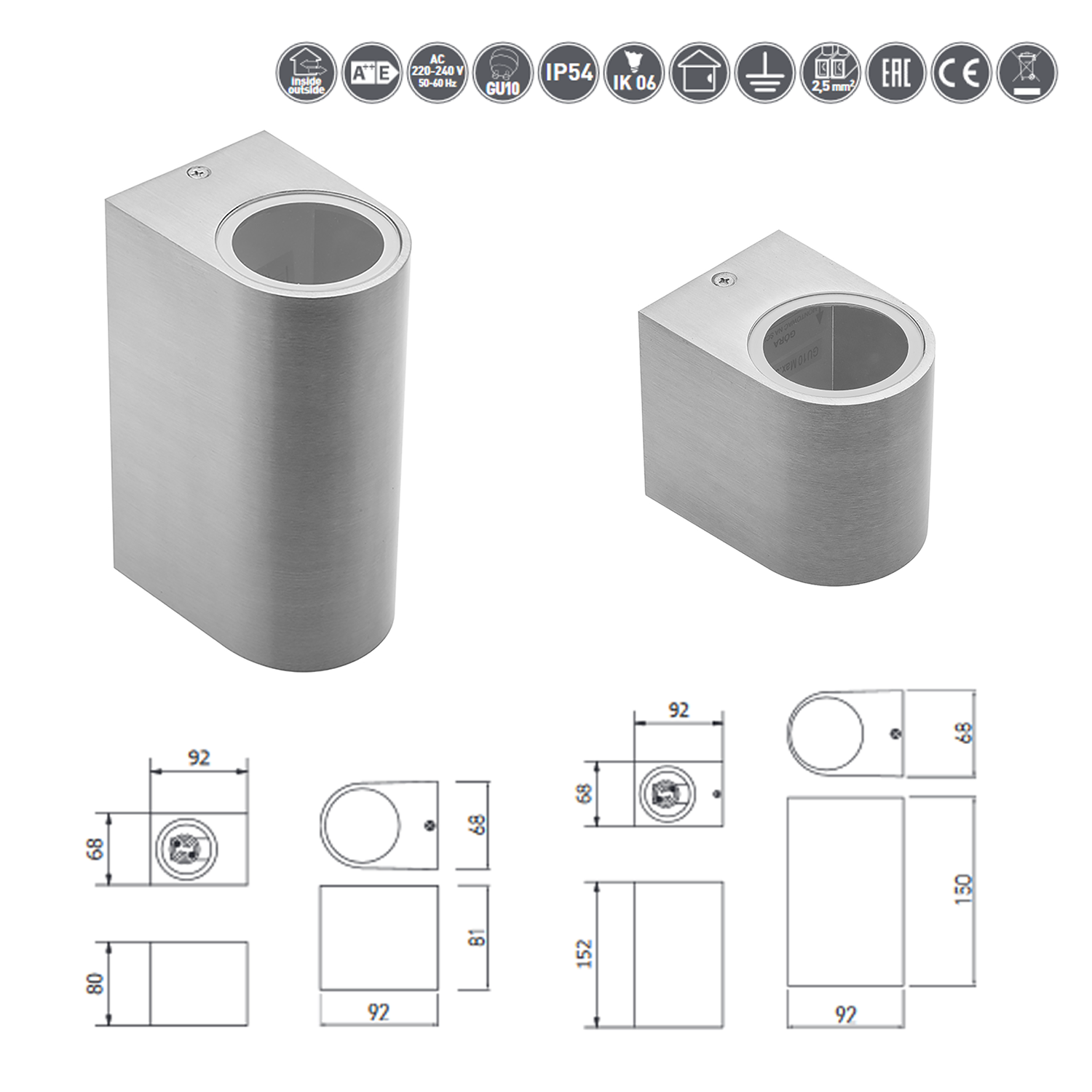 Wandleuchte TIAGO zweiseitig einseitig abstrahlend GU10 max. 2x35W IP54, AC220-240V 50/60Hz Edelstahloptik