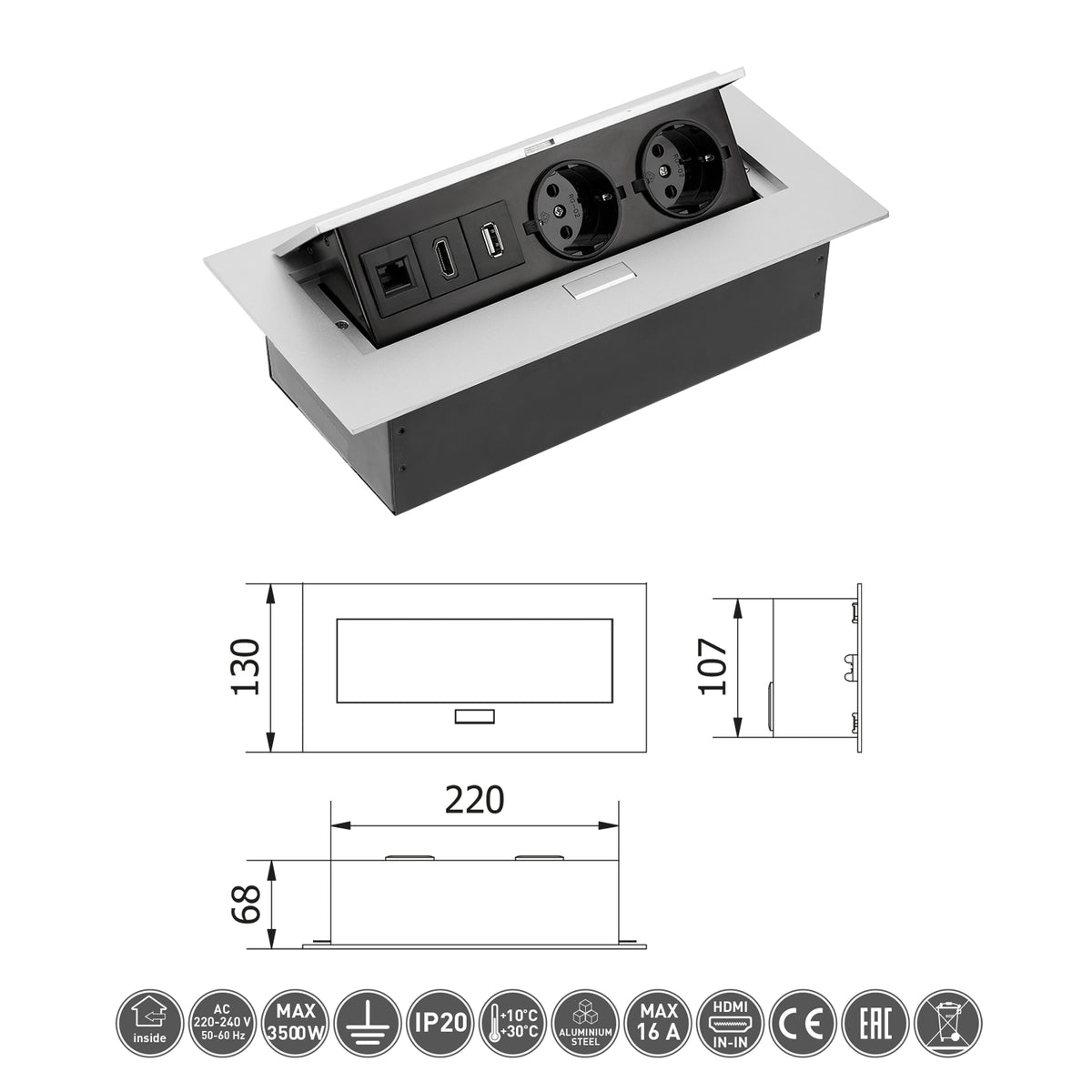 Tischsteckdose Bodensteckdose 2-fach USB HDMI Ethernet LAN versenkbar Aluminium
