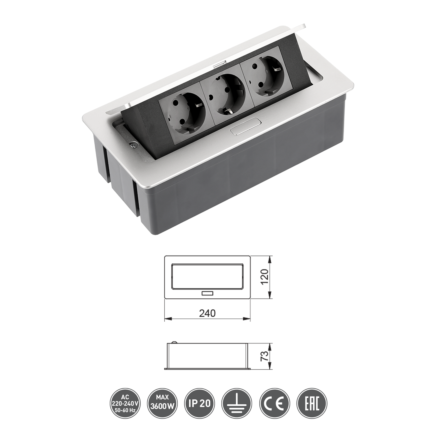 Tischsteckdose Bodensteckdose Einbausteckdose Büro 3-fach Aluminium