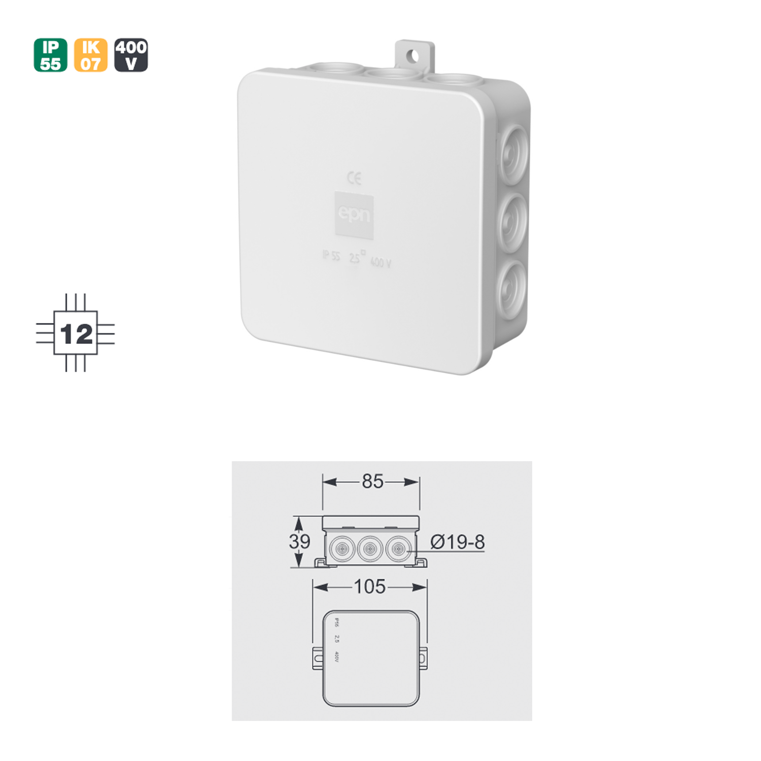 Aufputz / Abzweigdose / Verteilerdose / IP55 / Feuchtraum / Nassraum / grau