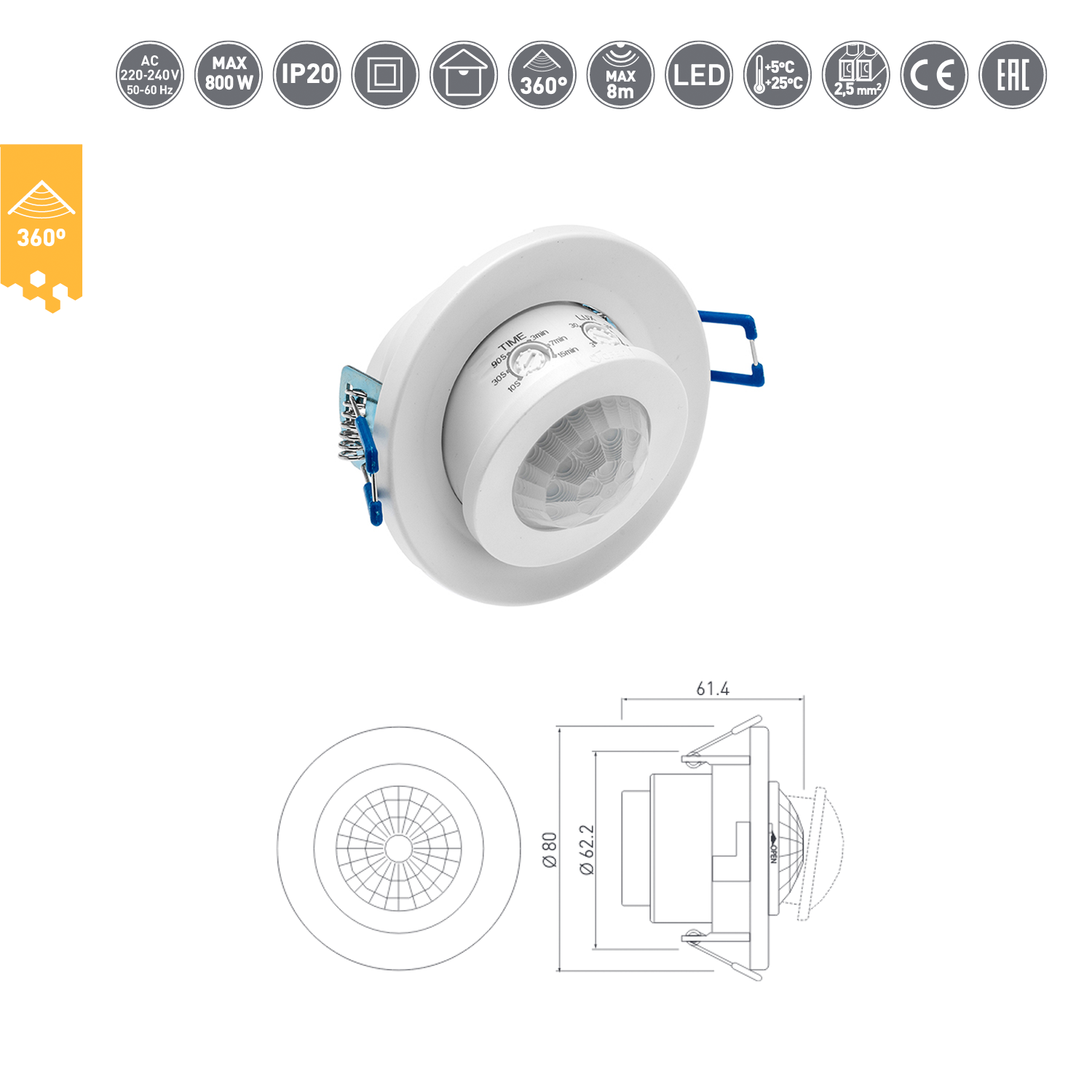 Bewegungsmelder 360° LED geeignet Decken Einbau Unterputz Weiß 800 W IP 20