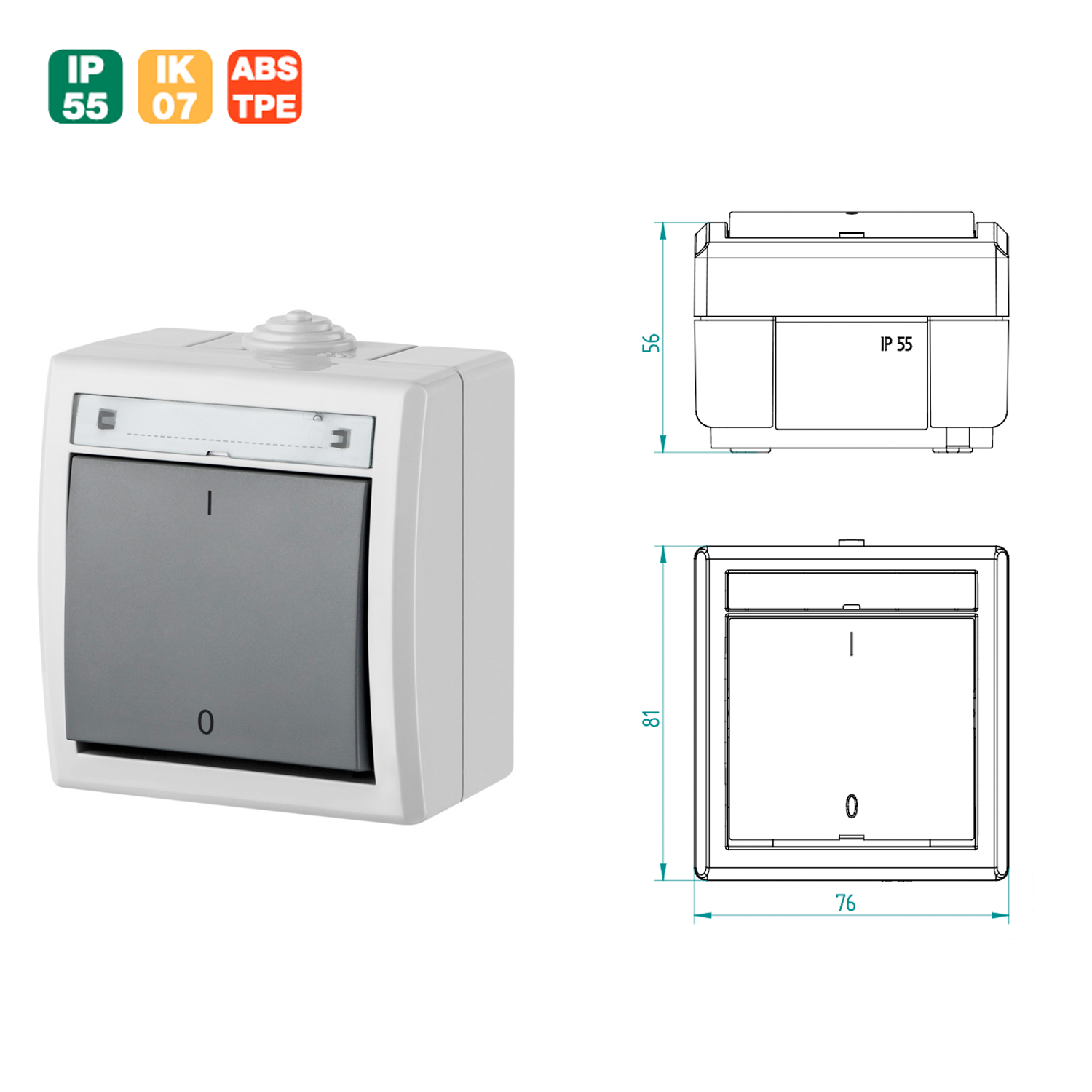 Aufputz-Serie Steckdose Lichtschalter / Wechselschalter / Taster / Doppelschalter / Feuchtraum / IP55 / hellgrau