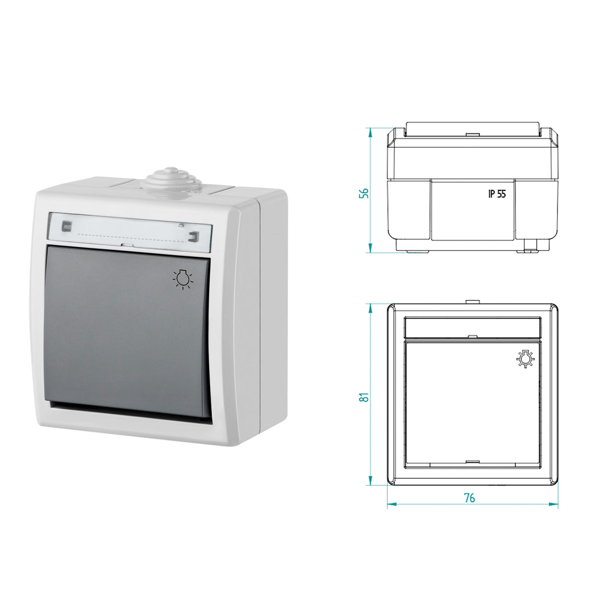 Aufputz-Serie Steckdose Lichtschalter / Wechselschalter / Taster / Doppelschalter / Feuchtraum / IP55 / hellgrau