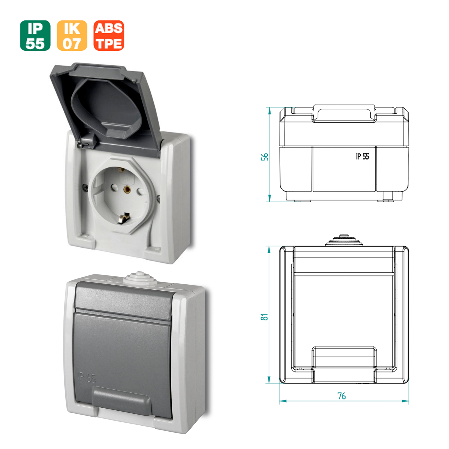 Aufputz-Serie Steckdose Lichtschalter / Wechselschalter / Taster / Doppelschalter / Feuchtraum / IP55 / hellgrau