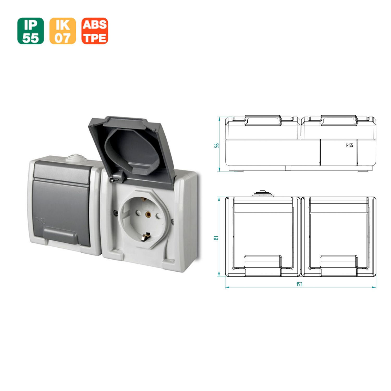 Aufputz-Serie Steckdose Lichtschalter / Wechselschalter / Taster / Doppelschalter / Feuchtraum / IP55 / hellgrau
