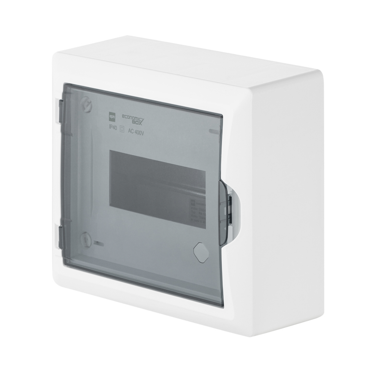 Aufputz / Verteilerkasten / Sicherungskasten / Kleinverteiler / IP40 / mit PE N Klemmen / weiß / Tür getönt / 1-reihig für 8 Module