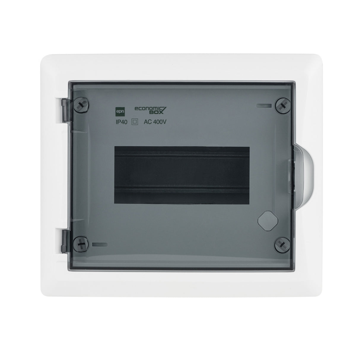Aufputz / Verteilerkasten / Sicherungskasten / Kleinverteiler / IP40 / mit PE N Klemmen / weiß / Tür getönt / 1-reihig für 8 Module