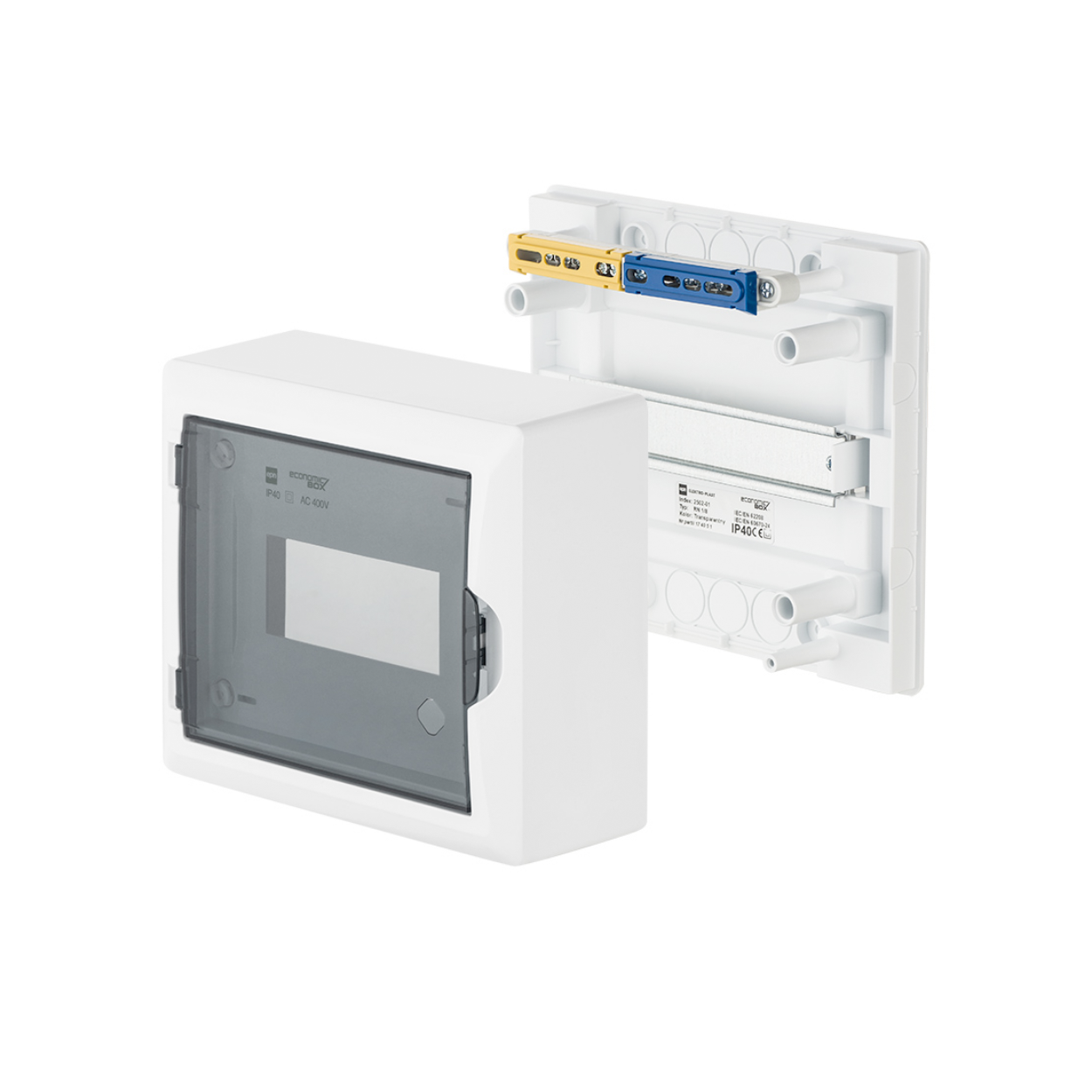 Aufputz / Verteilerkasten / Sicherungskasten / Kleinverteiler / IP40 / mit PE N Klemmen / weiß / Tür getönt / 1-reihig für 8 Module