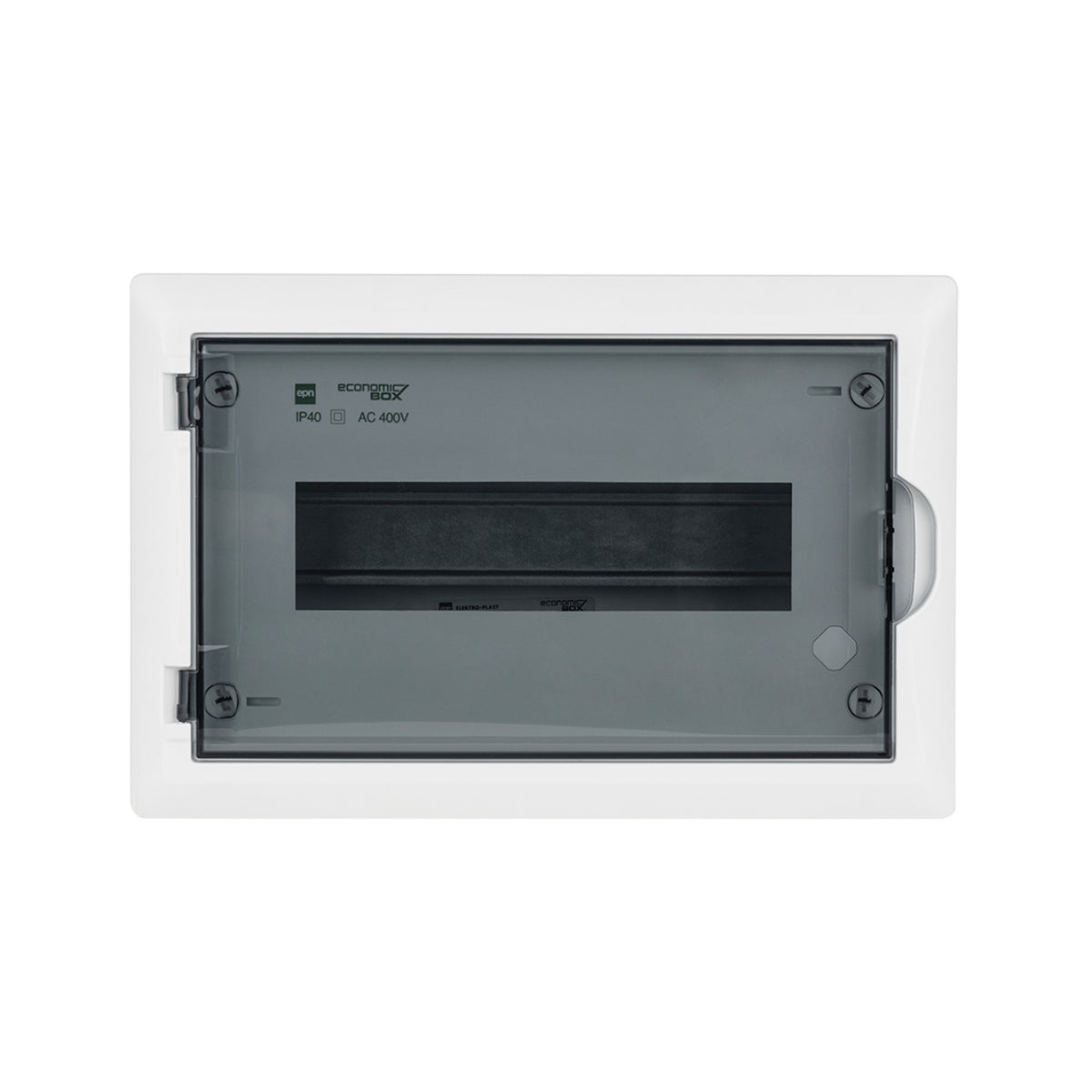 Aufputz / Verteilerkasten / Sicherungskasten / Kleinverteiler / IP40 / mit PE N Klemmen / weiß / Tür getönt / 1-reihig für 12 Module