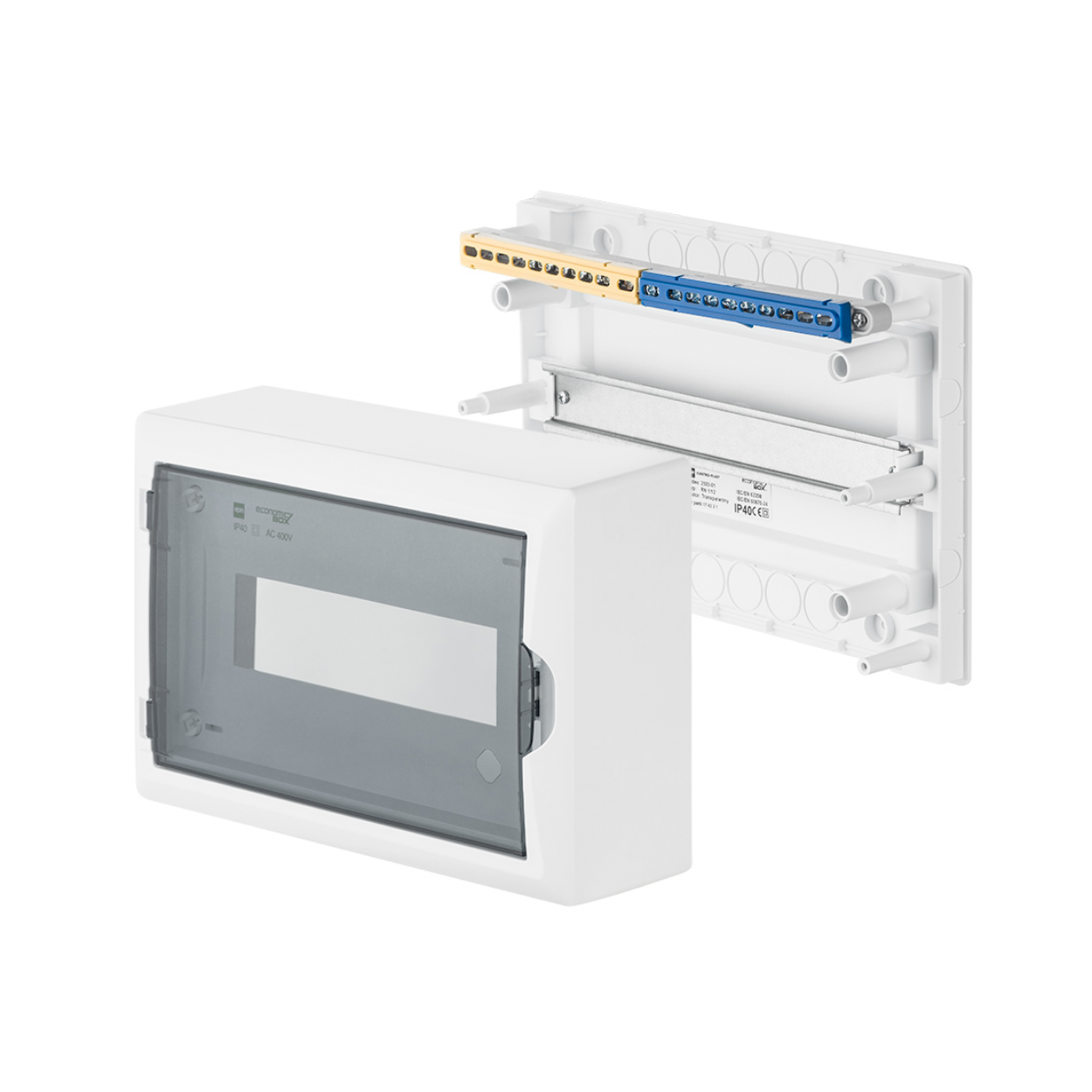 Aufputz / Verteilerkasten / Sicherungskasten / Kleinverteiler / IP40 / mit PE N Klemmen / weiß / Tür getönt / 1-reihig für 12 Module