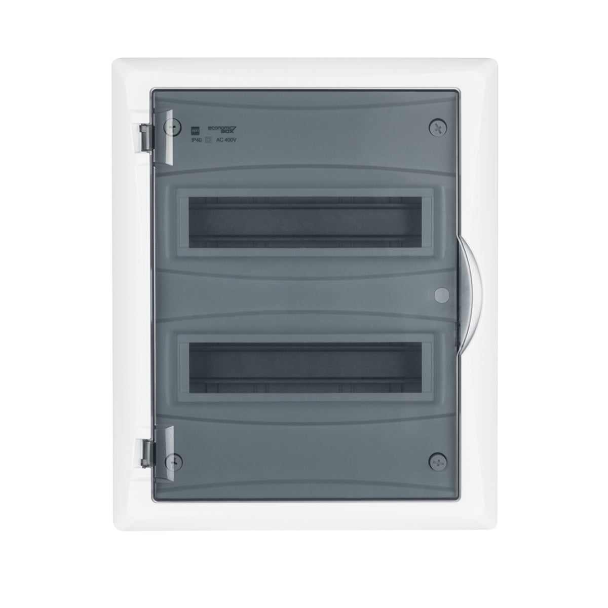Aufputz / Verteilerkasten / Sicherungskasten / Kleinverteiler / IP40 / mit PE N Klemmen / weiß / Tür getönt / 2-reihig für 24 Module