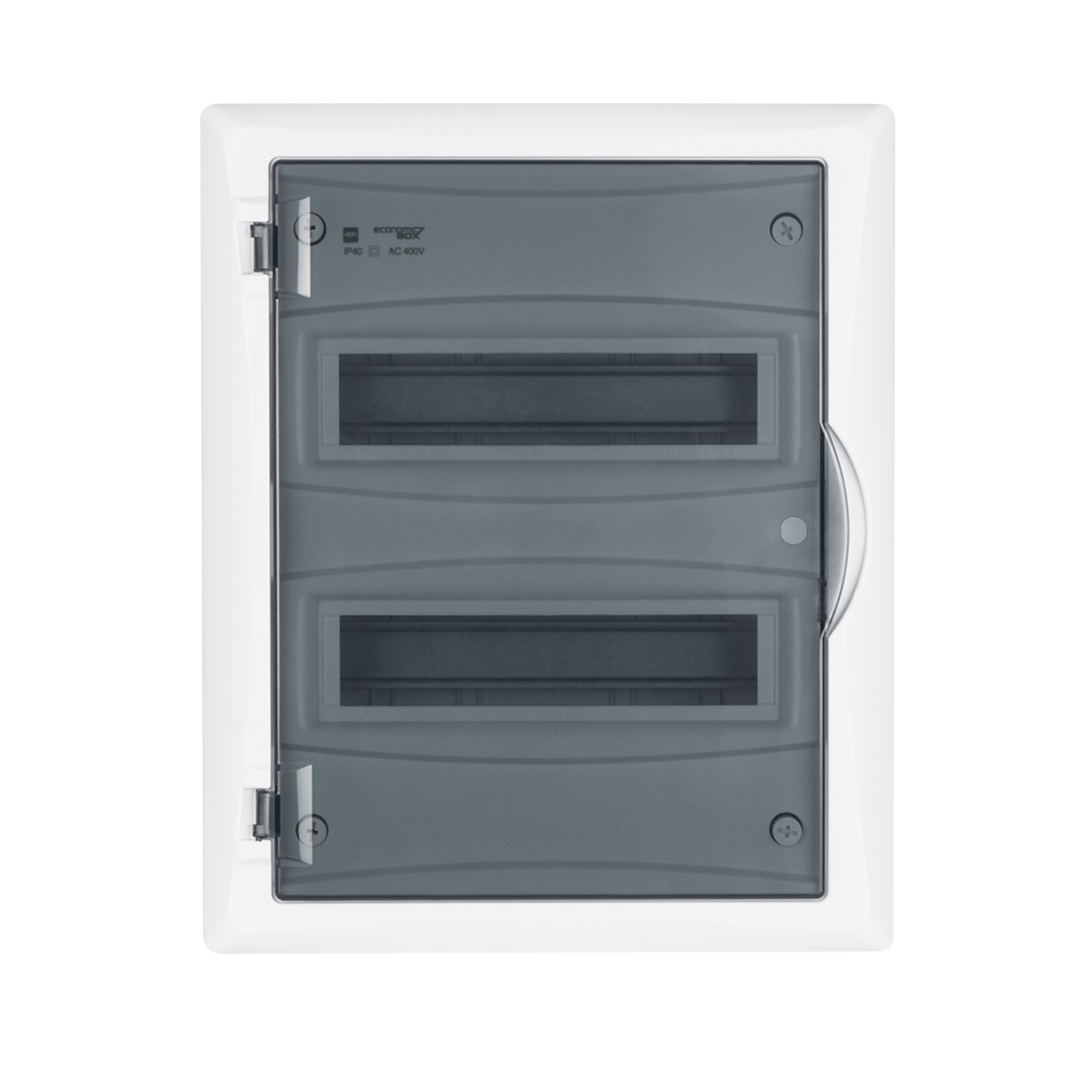 Aufputz / Verteilerkasten / Sicherungskasten / Kleinverteiler / IP40 / mit PE N Klemmen / weiß / Tür getönt / 2-reihig für 24 Module