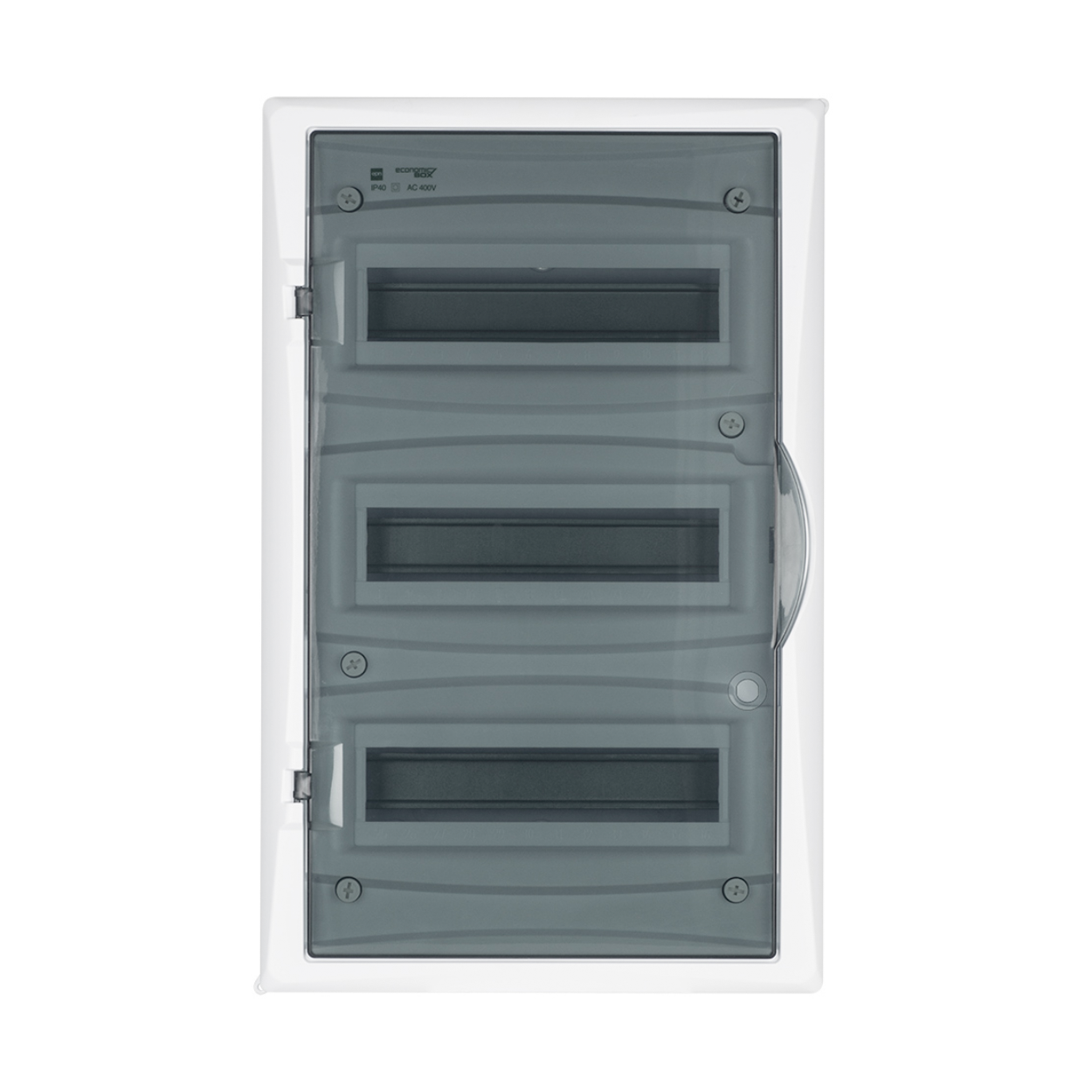 Aufputz / Verteilerkasten / Sicherungskasten / Kleinverteiler / IP40 / mit PE N Klemmen / weiß / Tür getönt / 3-reihig für 36 Module