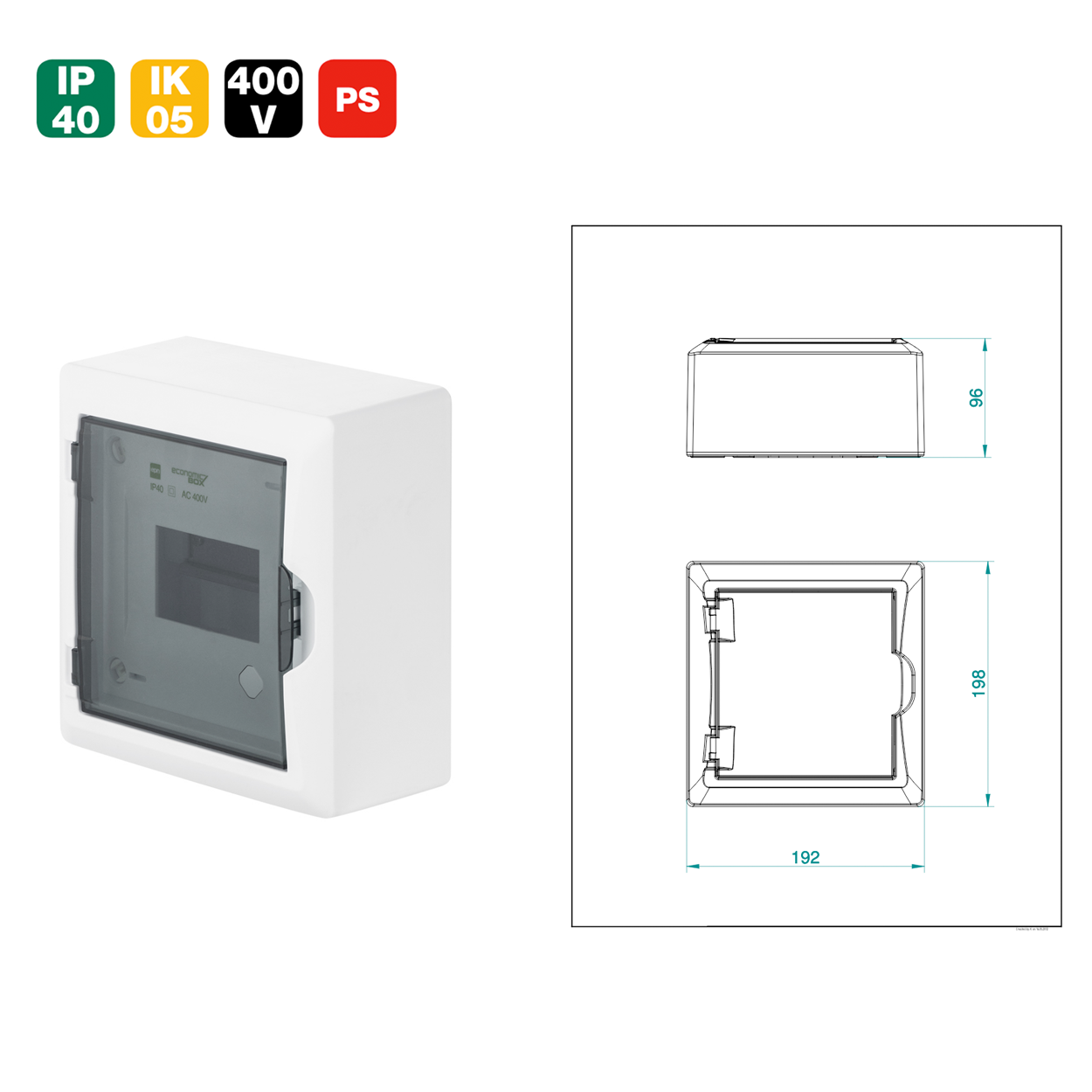 Aufputz / Verteilerkasten / Sicherungskasten / Kleinverteiler / IP40 / mit PE N Klemmen / weiß / Tür getönt / 1-reihig für 6 Module
