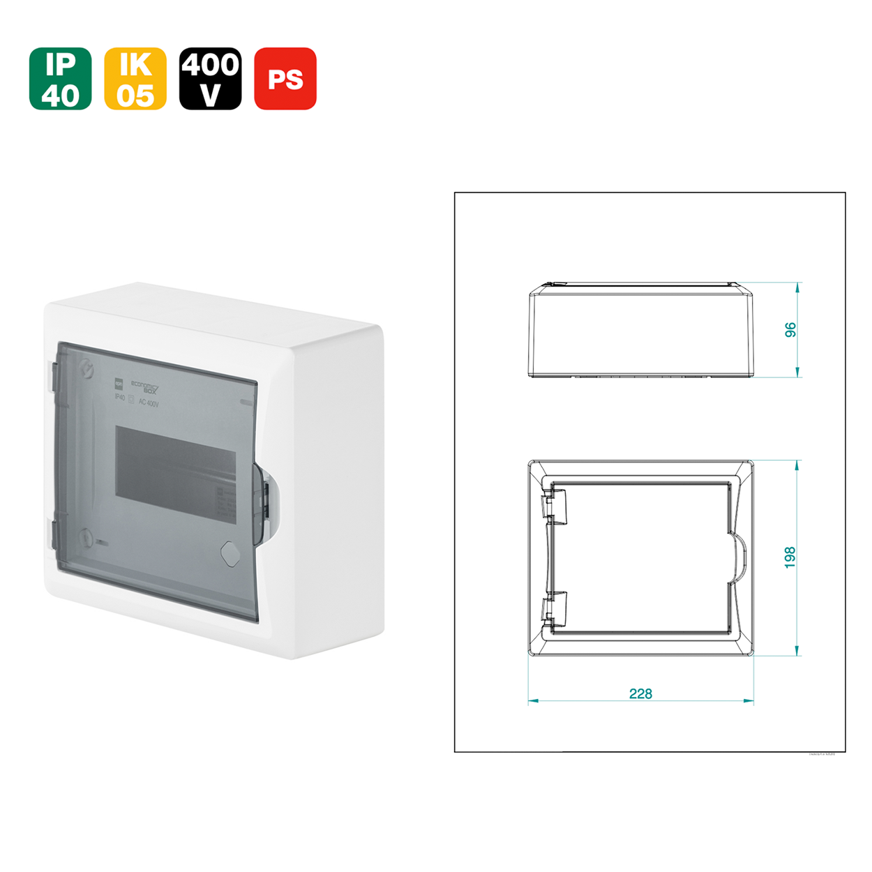 Aufputz / Verteilerkasten / Sicherungskasten / Kleinverteiler / IP40 / mit PE N Klemmen / weiß / Tür getönt / 1-reihig für 8 Module