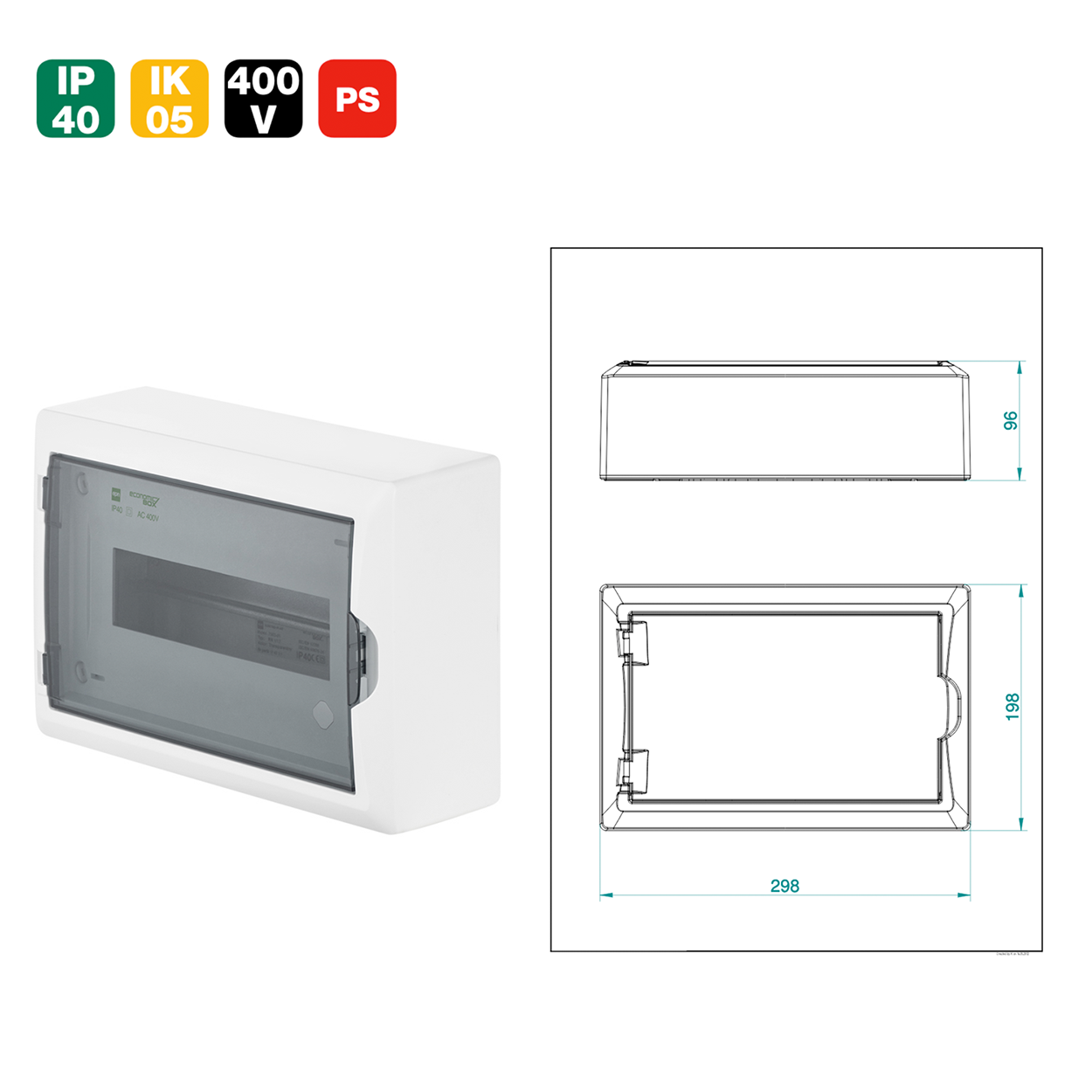 Aufputz / Verteilerkasten / Sicherungskasten / Kleinverteiler / IP40 / mit PE N Klemmen / weiß / Tür getönt / 1-reihig für 12 Module