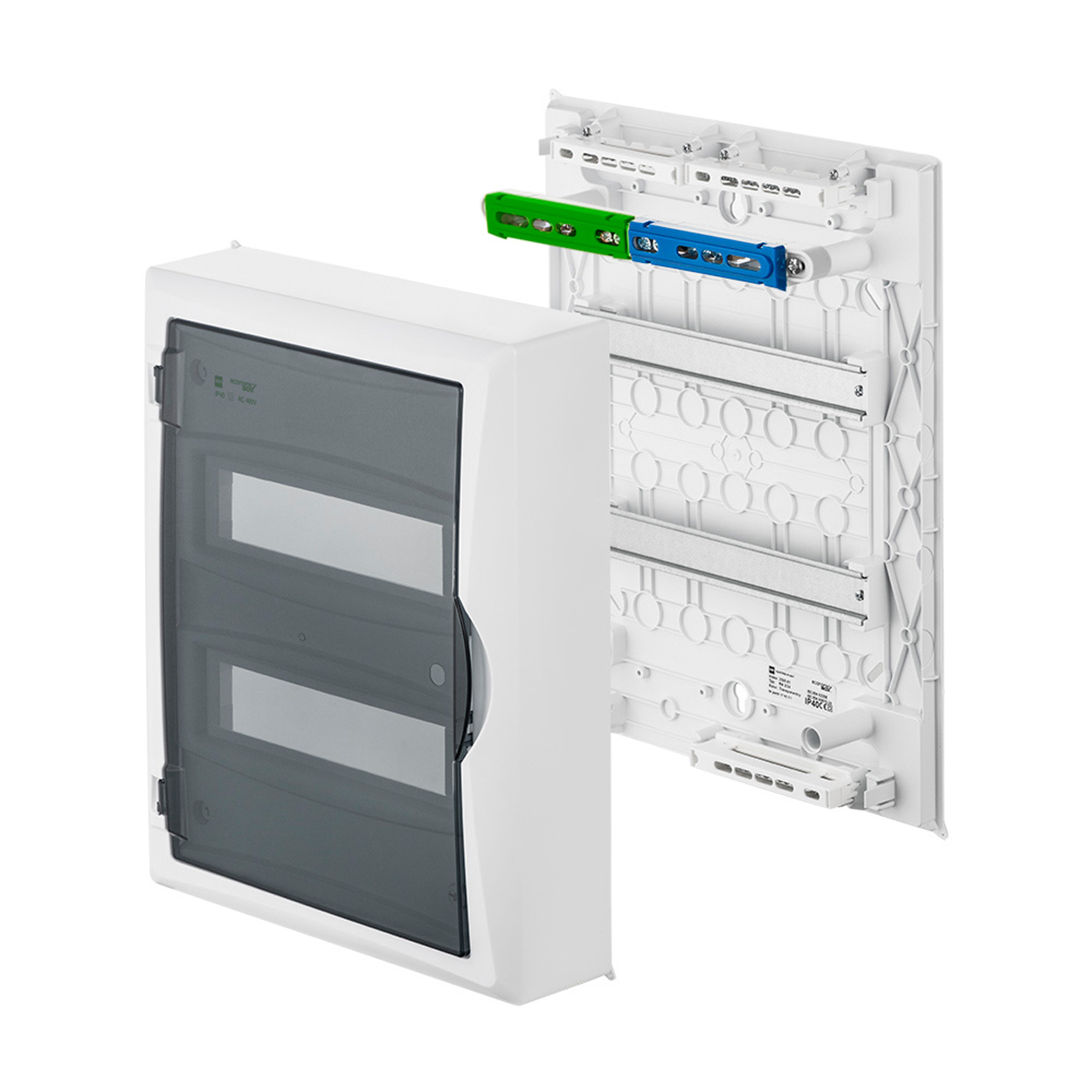 Aufputz / Verteilerkasten / Sicherungskasten / Kleinverteiler / IP40 / mit PE N Klemmen / weiß / Tür getönt / 2-reihig für 24 Module