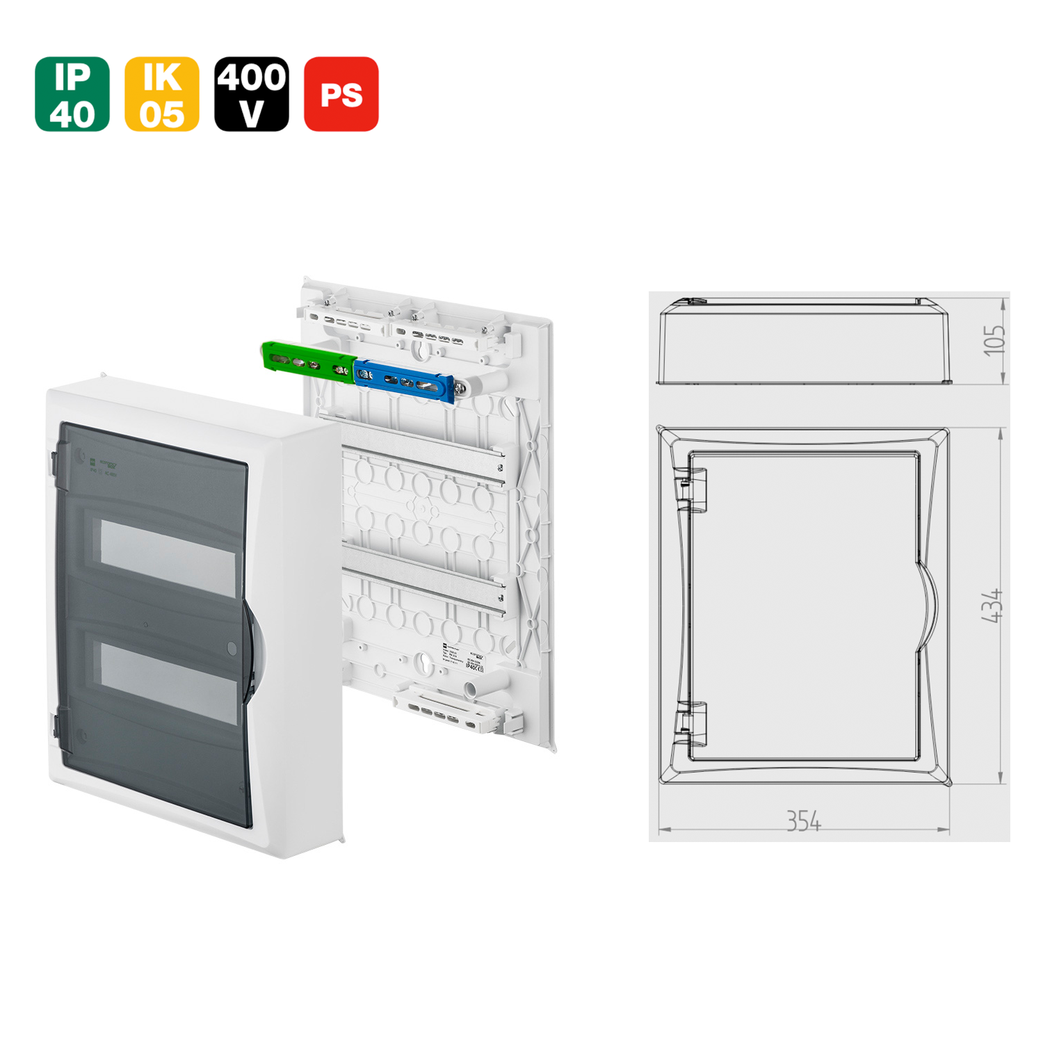 Aufputz / Verteilerkasten / Sicherungskasten / Kleinverteiler / IP40 / mit PE N Klemmen / weiß / Tür getönt / 2-reihig für 24 Module
