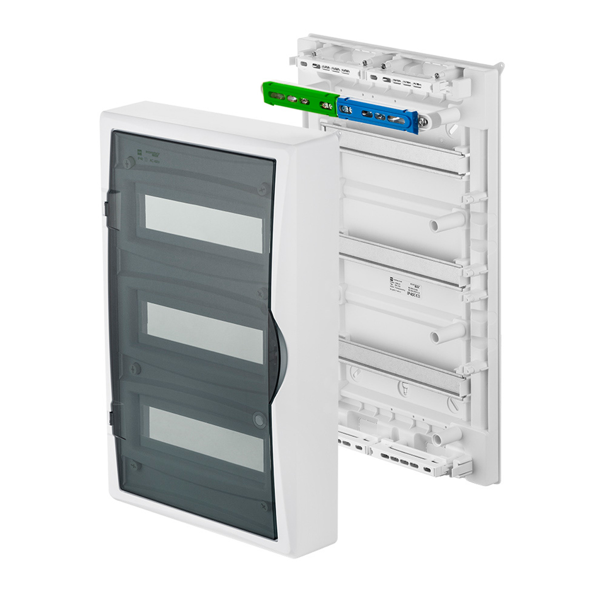 Aufputz / Verteilerkasten / Sicherungskasten / Kleinverteiler / IP40 / mit PE N Klemmen / weiß / Tür getönt / 3-reihig für 36 Module