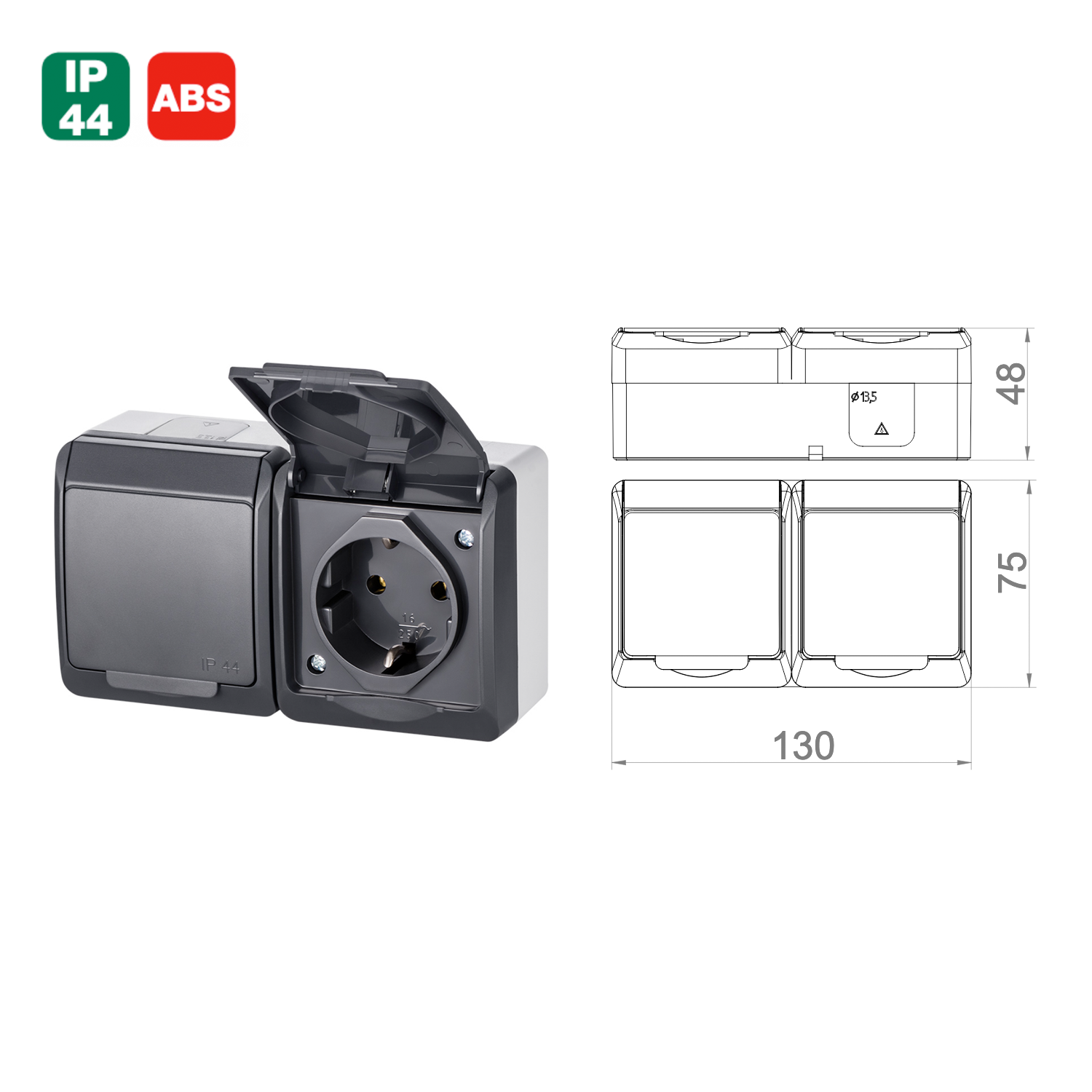 Aufputz-Serie anthrazit IP44 (Lichtschalter / Wechselschalter, Doppelschalter, Klingeltaster, 1-fach / 2-fach / 3-fach Steckdose)