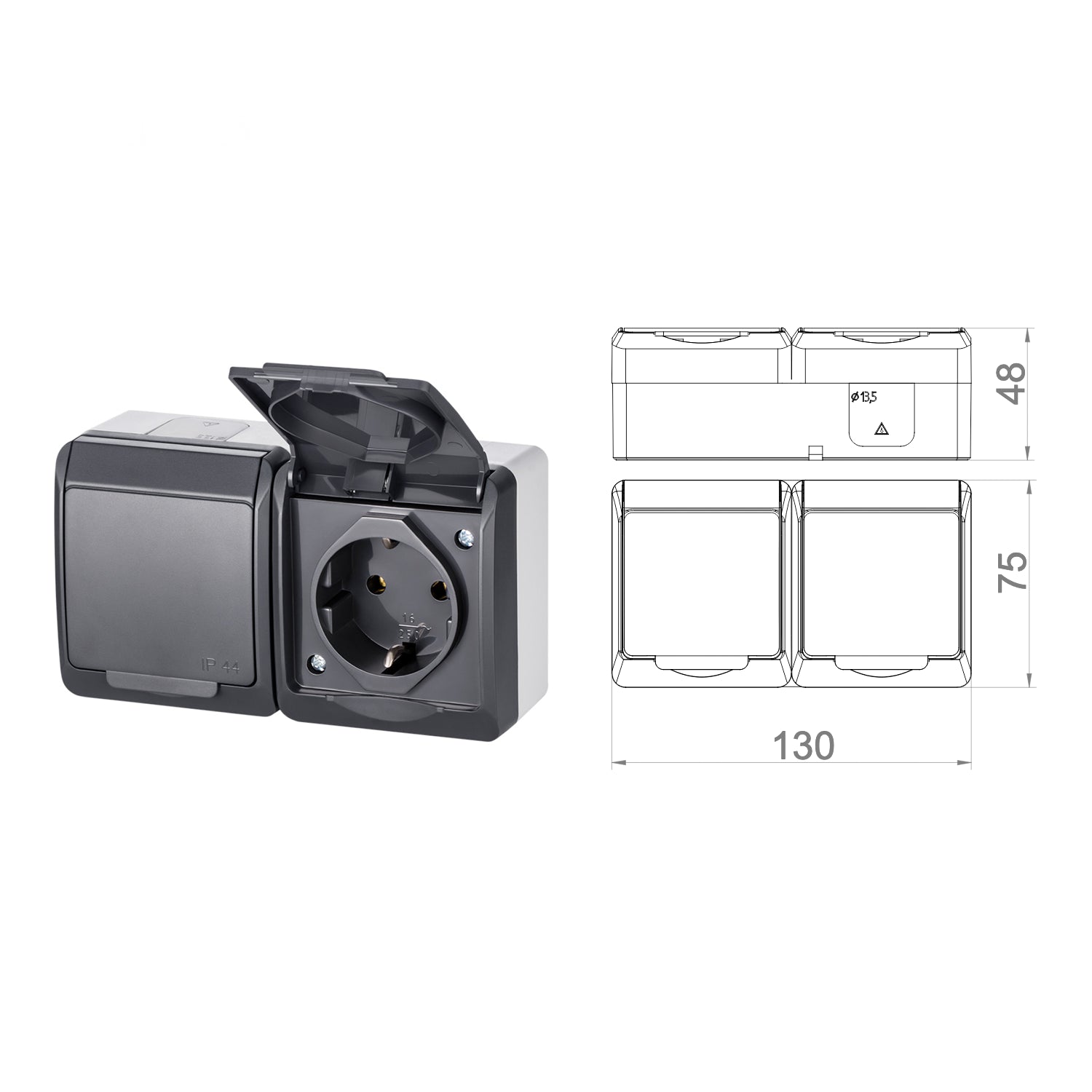 Aufputz-Serie anthrazit IP44 (Lichtschalter / Wechselschalter, Doppelschalter, Klingeltaster, 1-fach / 2-fach / 3-fach Steckdose)