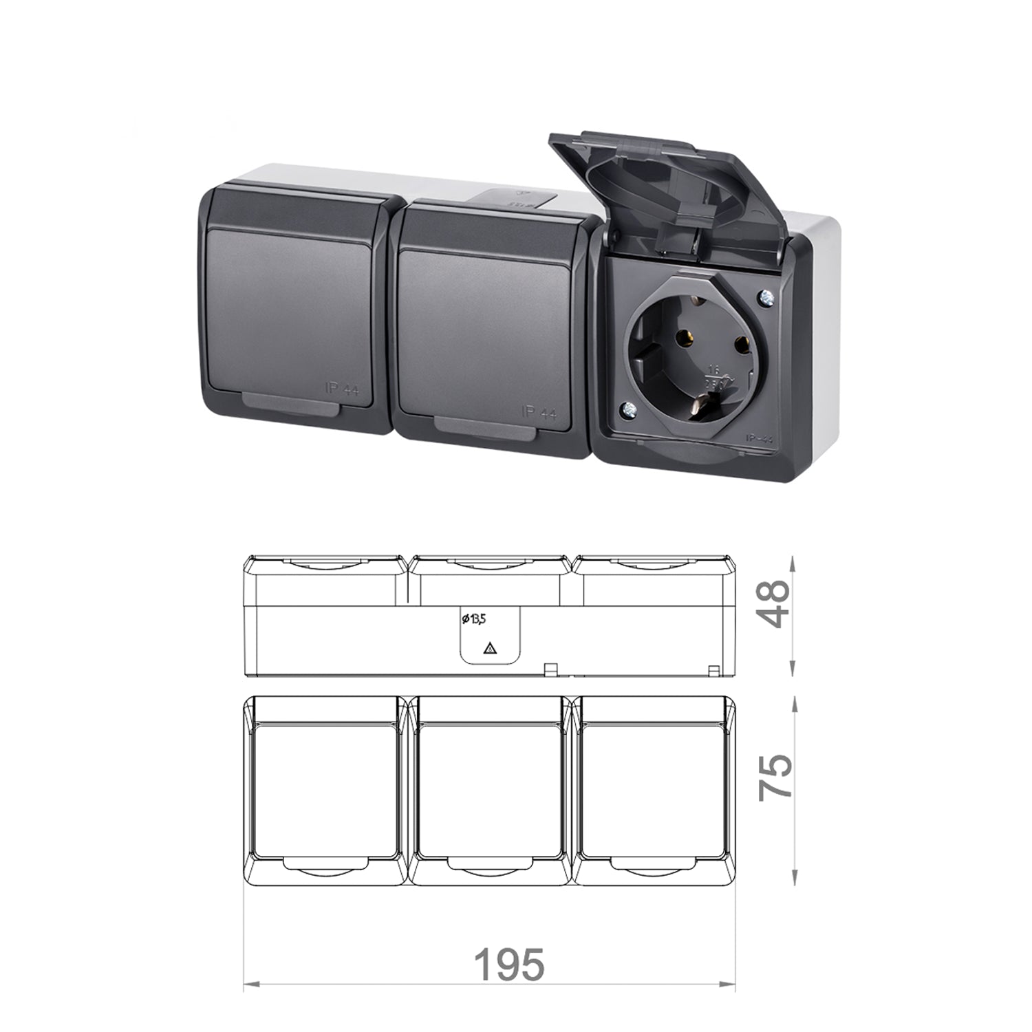 Aufputz-Serie anthrazit IP44 (Lichtschalter / Wechselschalter, Doppelschalter, Klingeltaster, 1-fach / 2-fach / 3-fach Steckdose)