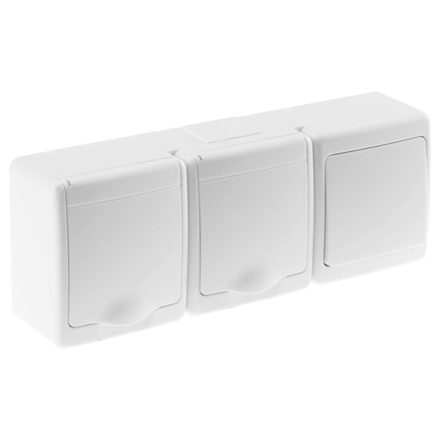  Aufputz-Serie Lichtschalter Wechselschalter Taster Doppelschalter Steckdose Feuchtraum IP44 weiß