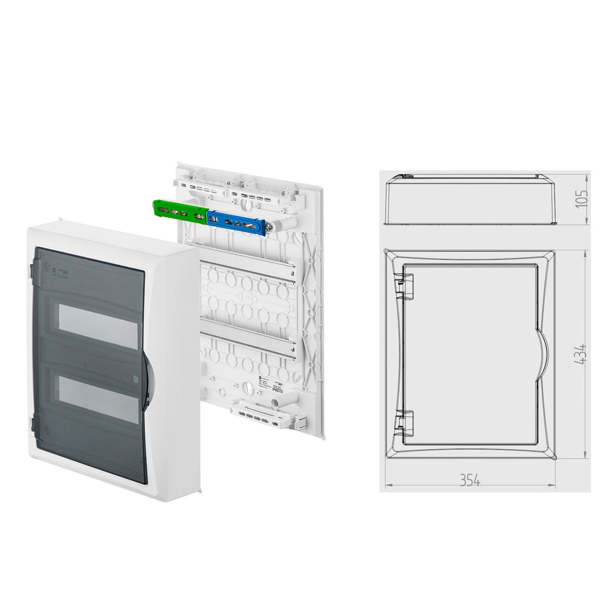 Aufputz / Verteilerkasten / Sicherungskasten / Kleinverteiler / IP40 / mit PE N Klemmen / weiß / Tür getönt / 2-reihig für 24 Module