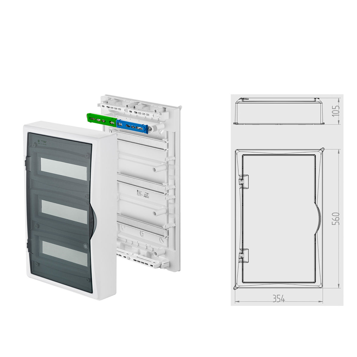 Aufputz / Verteilerkasten / Sicherungskasten / Kleinverteiler / IP40 / mit PE N Klemmen / weiß / Tür getönt / 3-reihig für 36 Module