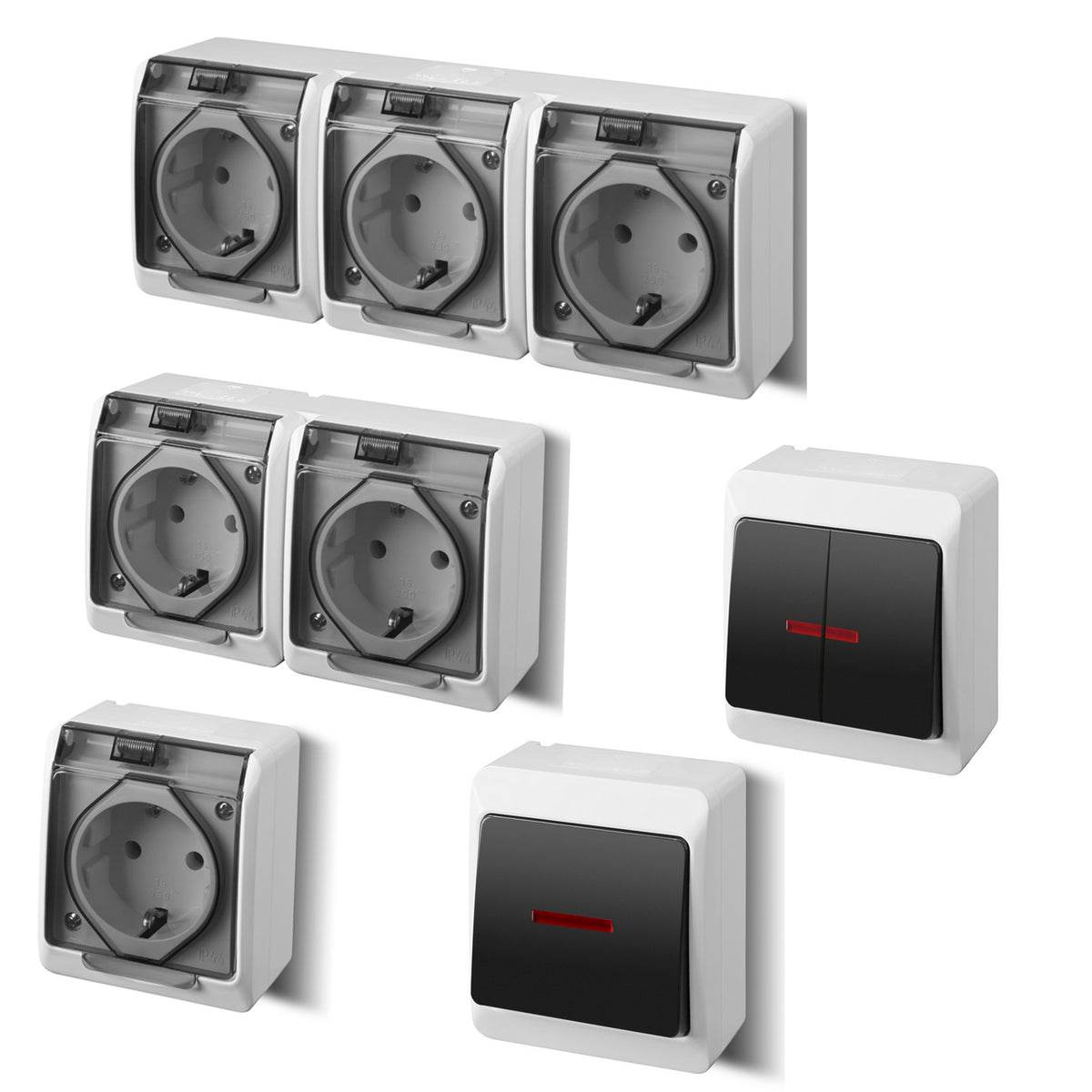 Aufputz-Serie grau transparent IP44 (Lichtschalter/Wechselschalter, Doppelschalter, Klingeltaster, 1-fach/2-fach/3-fach Steckdose)