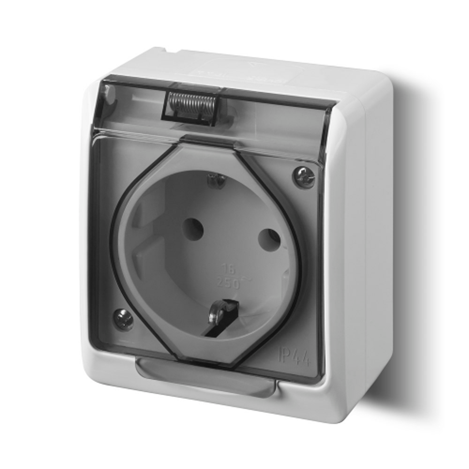 Aufputz-Serie grau transparent IP44 (Lichtschalter/Wechselschalter, Doppelschalter, Klingeltaster, 1-fach/2-fach/3-fach Steckdose)