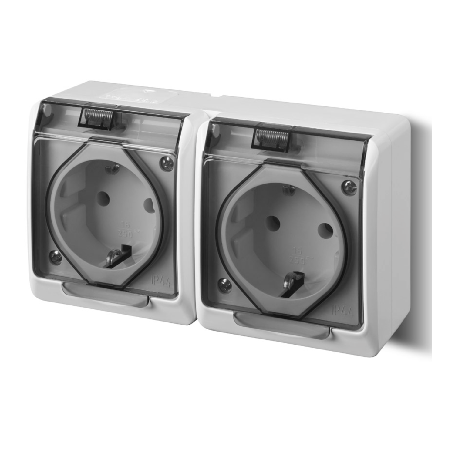 Aufputz-Serie grau transparent IP44 (Lichtschalter/Wechselschalter, Doppelschalter, Klingeltaster, 1-fach/2-fach/3-fach Steckdose)