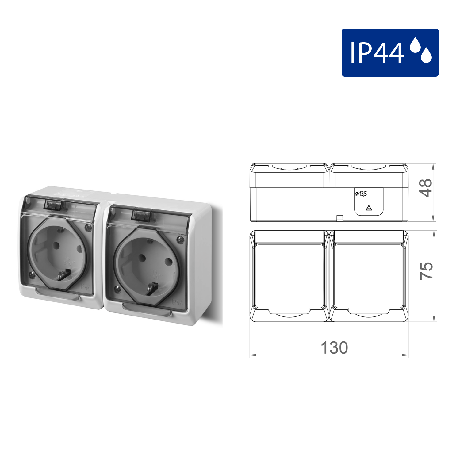 Aufputz-Serie grau transparent IP44 (Lichtschalter/Wechselschalter, Doppelschalter, Klingeltaster, 1-fach/2-fach/3-fach Steckdose)
