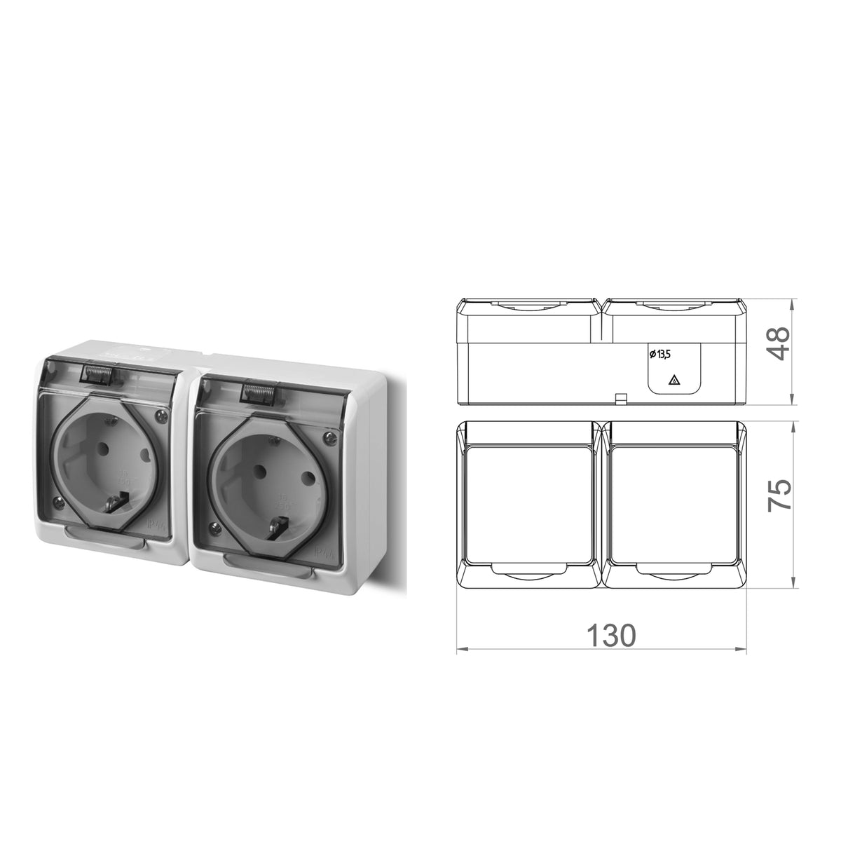 Aufputz-Serie grau transparent IP44 (Lichtschalter/Wechselschalter, Doppelschalter, Klingeltaster, 1-fach/2-fach/3-fach Steckdose)