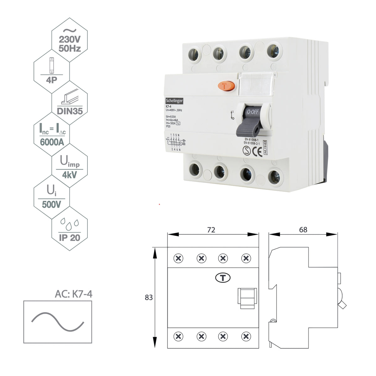 Fehlerstromschutzschalter FI-Schalter / 4-Polig / 40A / 30mA  / Typ A / VDE