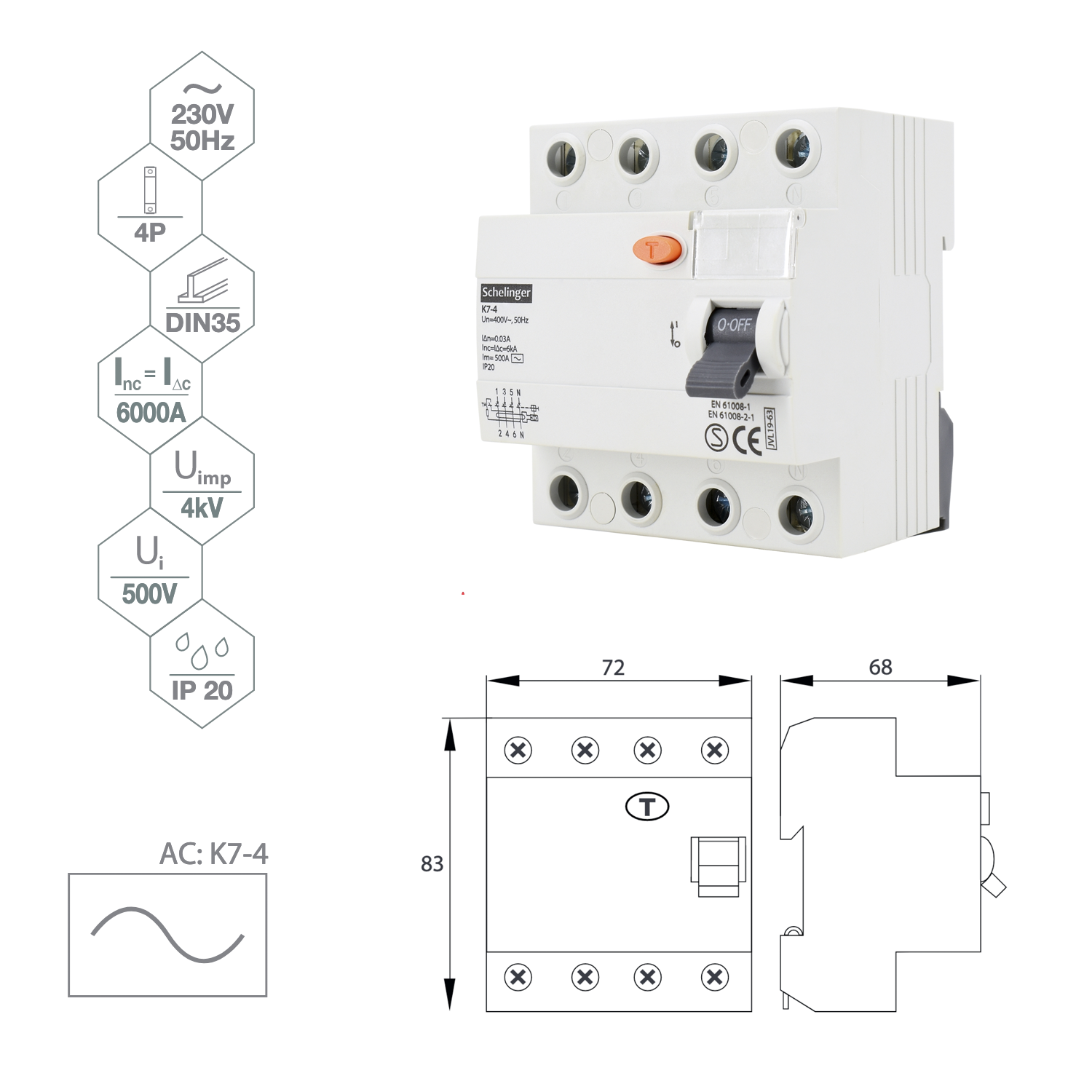 Fehlerstromschutzschalter FI-Schalter / 4-Polig / 40A / 30mA  / Typ A / VDE