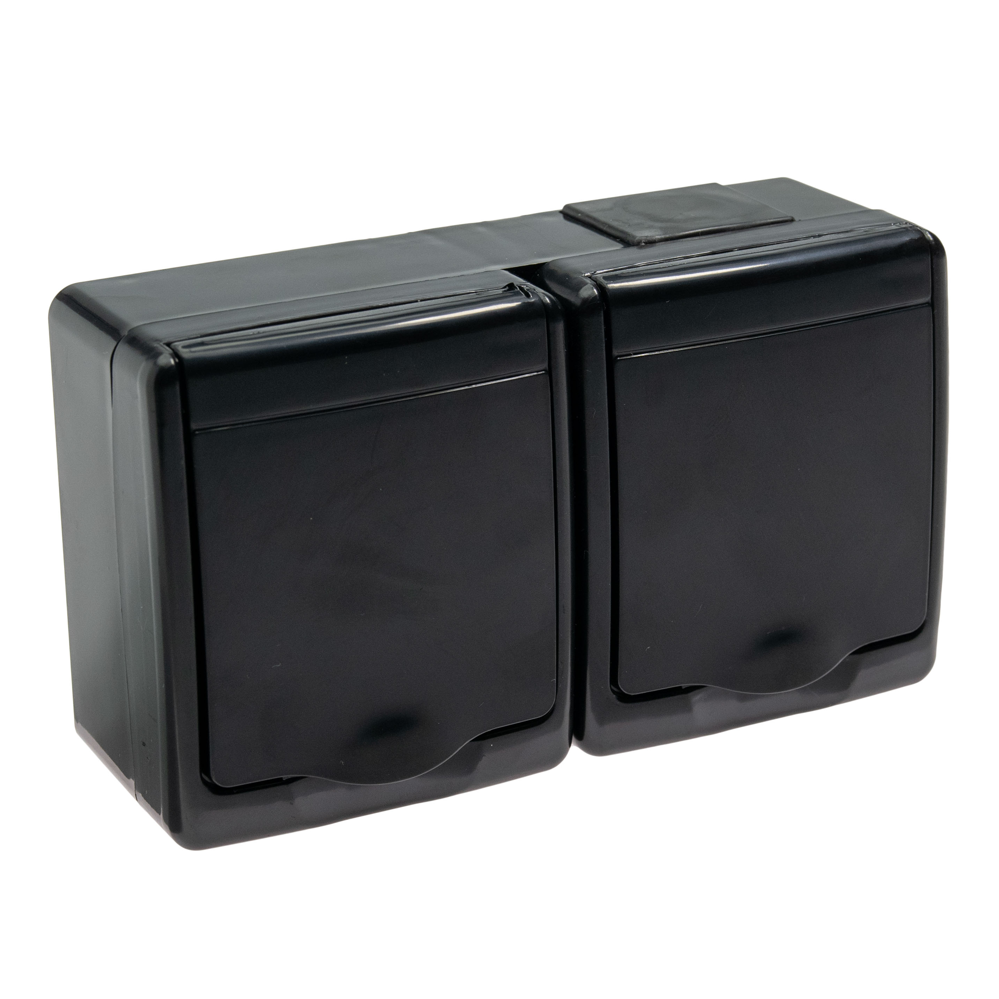 Aufputz-Serie in schwarz: Lichtschalter / Wechselschalter / Taster / Doppelschalter / Steckdose 1-fach, 2-fach oder 3-fach / Feuchtraum, IP44 2-fach Steckdose