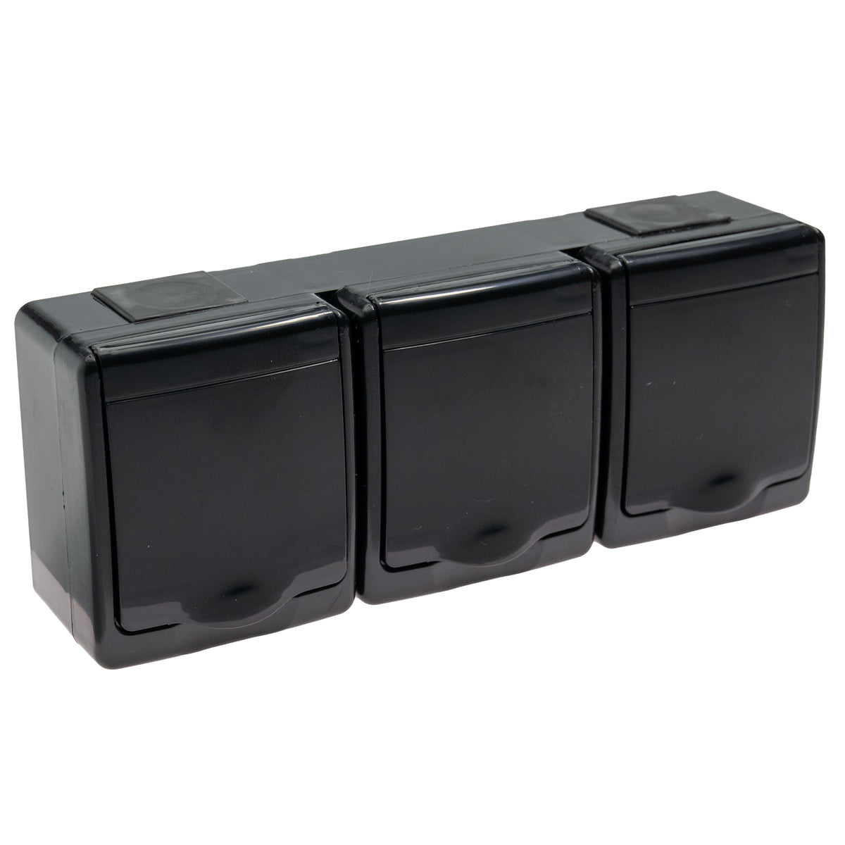Aufputz-Serie in schwarz: Lichtschalter / Wechselschalter / Taster / Doppelschalter / Steckdose 1-fach, 2-fach oder 3-fach / Feuchtraum, IP44 3-fach Steckdose