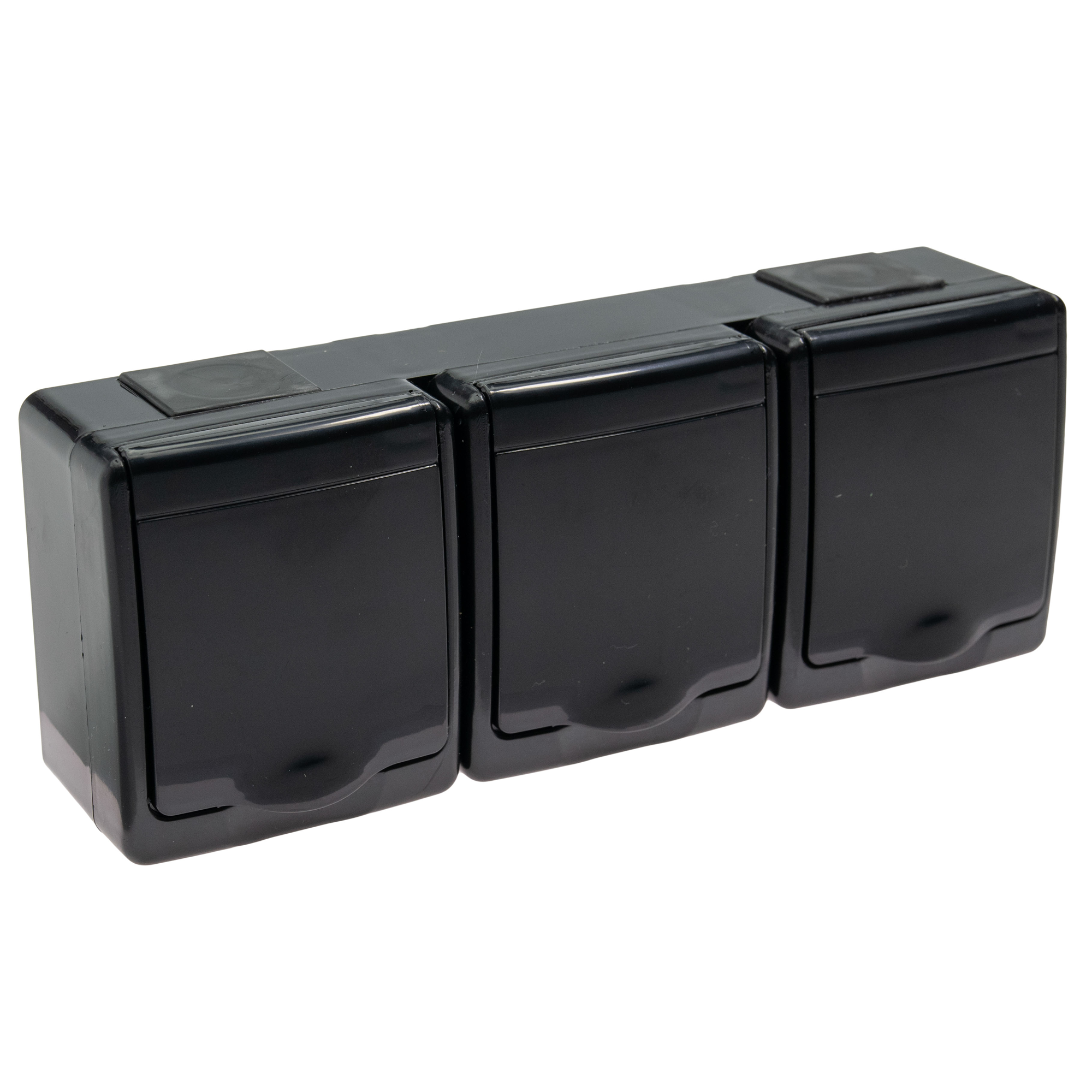 Aufputz-Serie in schwarz: Lichtschalter / Wechselschalter / Taster / Doppelschalter / Steckdose 1-fach, 2-fach oder 3-fach / Feuchtraum, IP44 3-fach Steckdose