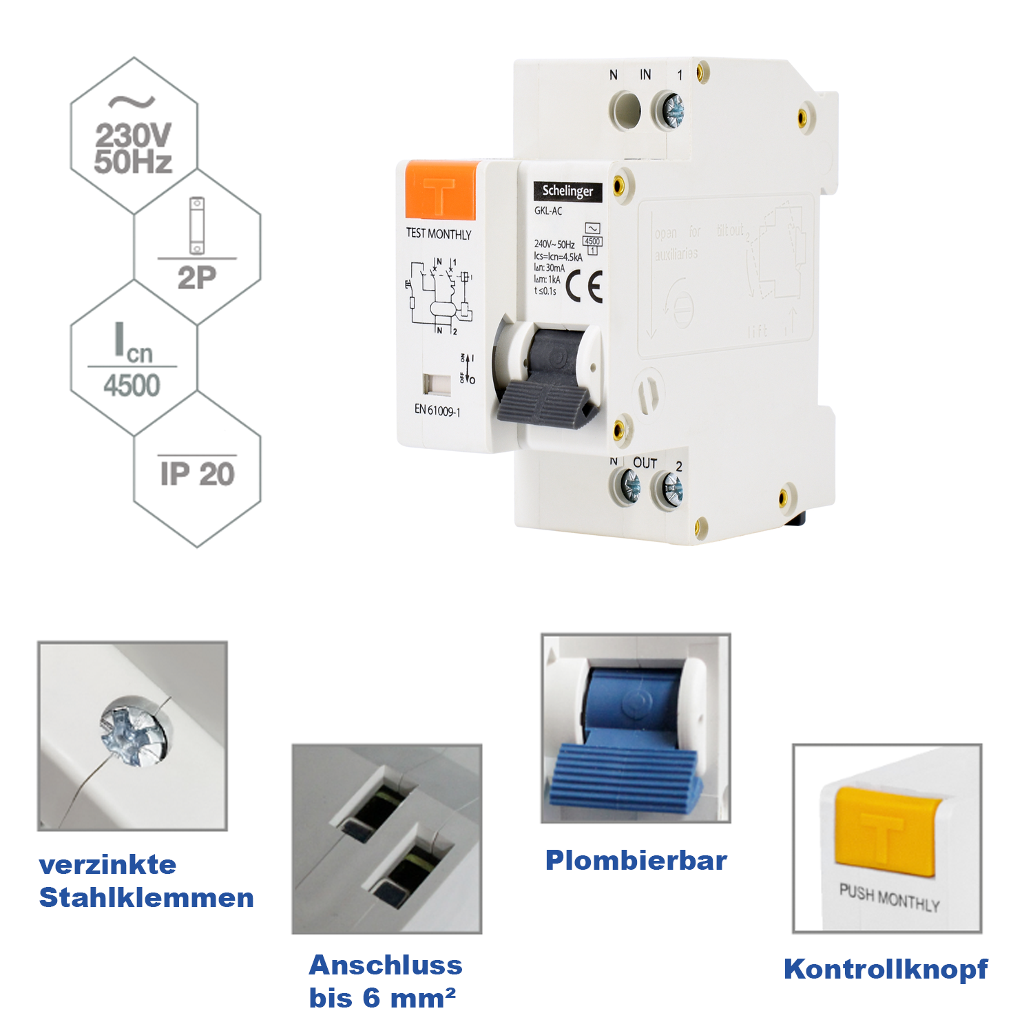 Schelinger Fehlerstromschutzschalter mit integrierterm Leitungsschutzschalter / FI+LS / 2-Polig 30 mA  / B / C / 10A / 16A / 20A / 25A / 30mA