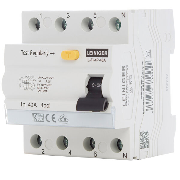 Fehlerstromschutzschalter, FI-Schalter von Leiniger, 4-Polig, 40 A, 300 mA, 10 kA, Typ A, mit VDE-Prüfung