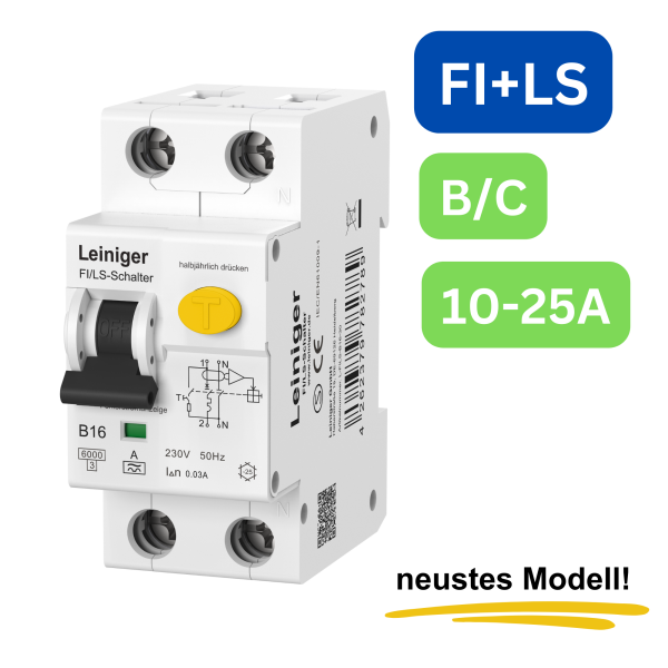 LEINIGER Fehlerstromschutzschalter mit integriertem Leitungsschutzschalter / Typ A / 6 kA / 30 mA / B und C / 10A, 16A, 20A, 25A