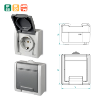 Aufputz-Serie Steckdose Lichtschalter / Wechselschalter Taster Doppelschalter Feuchtraum IP55 hellgrau