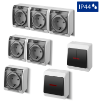 Aufputz-Serie grau transparent IP44 (Lichtschalter/Wechselschalter, Doppelschalter, Klingeltaster, 1-fach/2-fach/3-fach Steckdose)