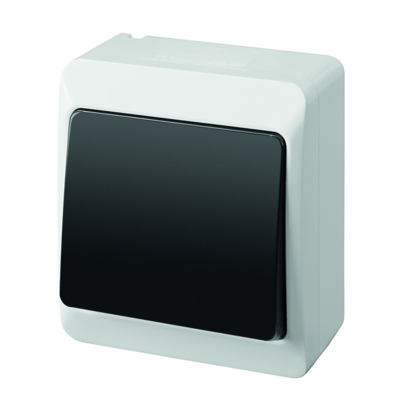 Aufputz-Serie grau transparent IP44 (Lichtschalter/Wechselschalter, Doppelschalter, Klingeltaster, 1-fach/2-fach/3-fach Steckdose) Lichtschalter / Wechselschalter
