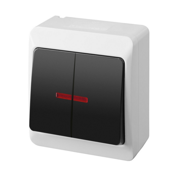 Aufputz-Serie grau transparent IP44 (Lichtschalter/Wechselschalter, Doppelschalter, Klingeltaster, 1-fach/2-fach/3-fach Steckdose) Doppelkontrollschalter